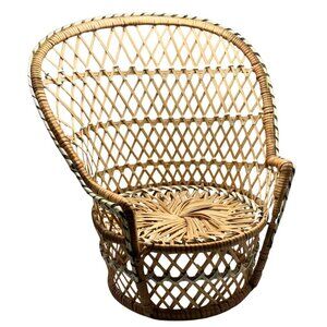 VTG Wicker Rattan Brown Beige Doll Fan Chair Plant Stand 11 Inches Lightweight